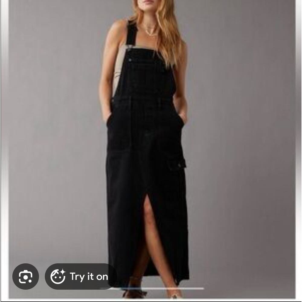 American Eagle Denim Overall Maxi Dress Size Small Cargo Pockets Minimalist